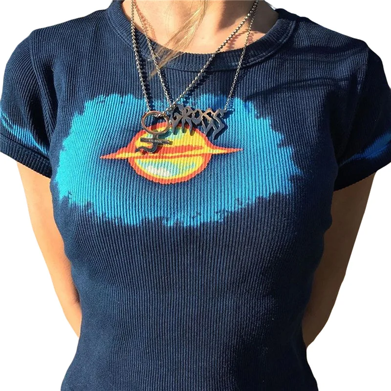 

Women Fashion Short Sleeve Print Ribbed Knit Basic Tee Shirt Female Stylish Tie-dye Crop Tops for Daily Wear