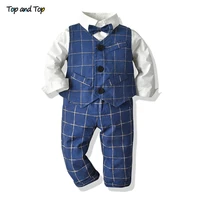 top and top toddler kids baby boy gentleman clothes long sleeve bowtie shirtvestpant boys plaid outfits sets for wedding party