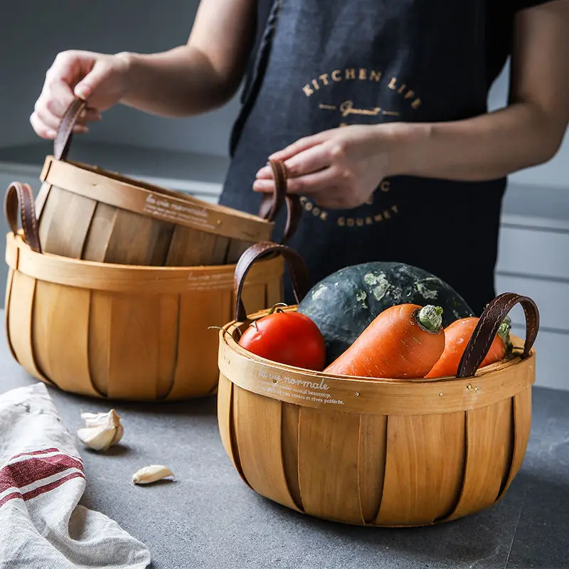 

Hand-Woven Wood Chip Storage Basket Storage Wall Hanging Basket Fruit Basket Bread Basket Picnic Portable Flower Basket