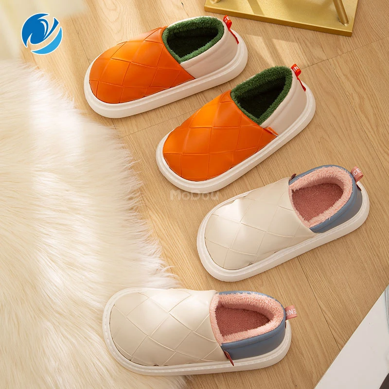

Mo Dou 2021 New Winter/Autumn PU Leather Vamp Wrapped Heel Women Cotton Shoes Fashion Outdoor Contrast Color Indoor Men Slippers