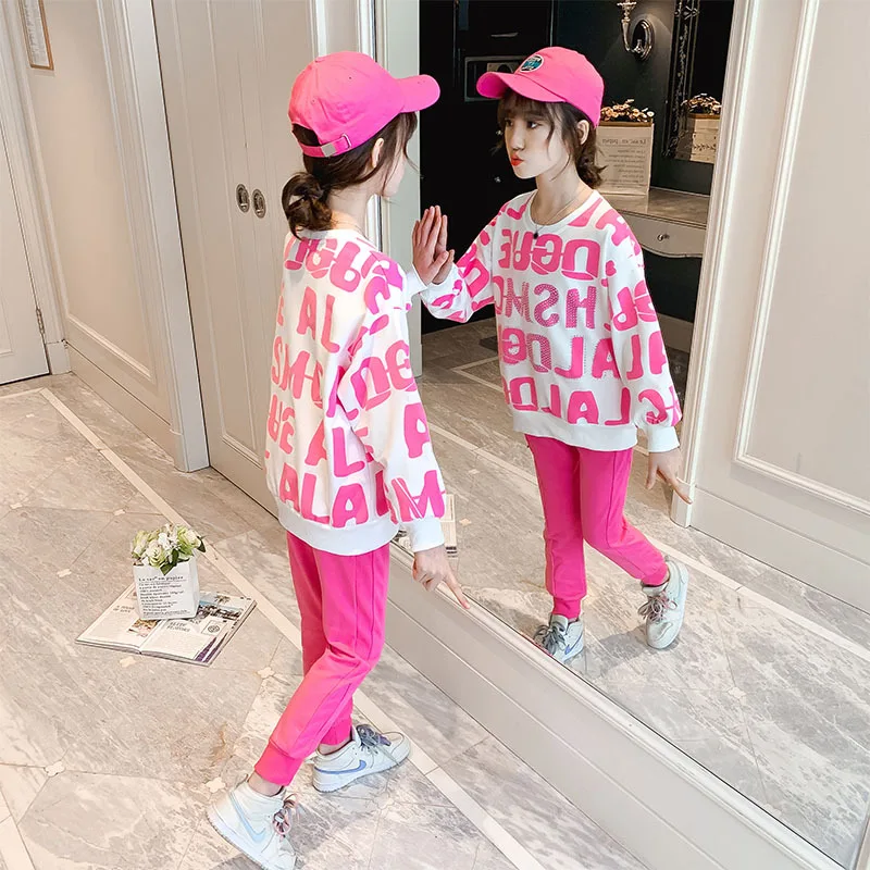 

Girls Spring And Autumn Fashion Suit New Letter Printed Sweatshirt + Trousers 2-piece Blue Pink Girl Casual Loose Sports Suit
