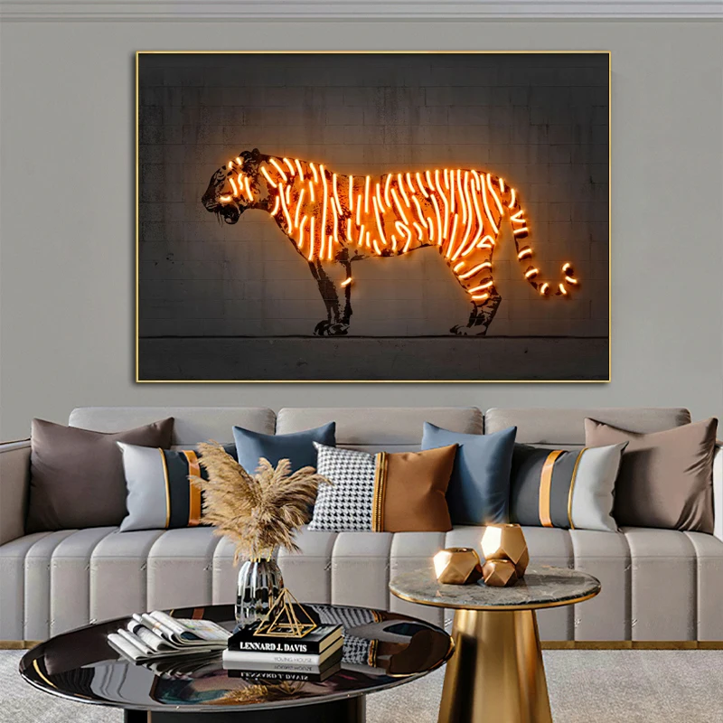 

Abstract Neon Animal Canvas Painting Tiger Cow Deer Whale Zebra Poster and Prints Wall Art Pictures for Living Room Home Decor
