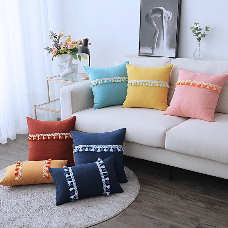 

Two-color Fringed Lace Suede Ethnic Style Pillowcase 30x50cn/45X45cm Solid Color Sofa Cushion Pillowcase Home Decor