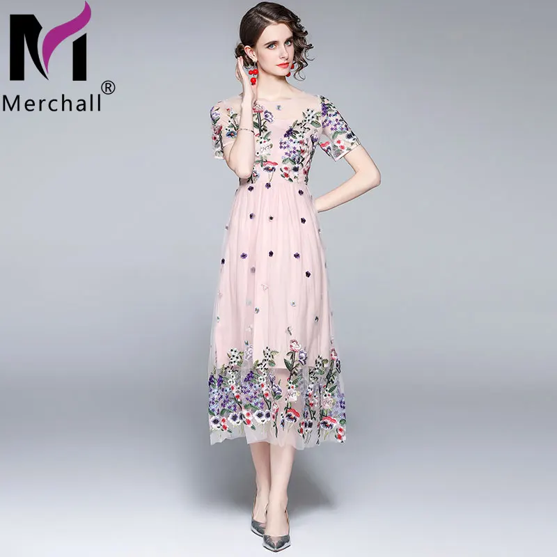

2021 Summer Holiday Long Dress Female's Elegant Mesh Embroidery Short Sleeve Party Evening Slim Dresses Woman Clothing M69989