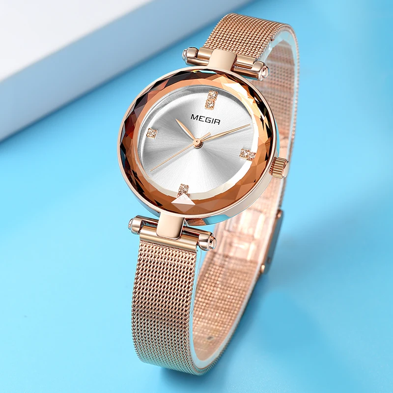 Новые MEGIR Роскошные модные часы с бриллиантами Rosegold синие женские Простые Женские часы водонепроницаемые кварцевые наручные часы Relogio Feminino