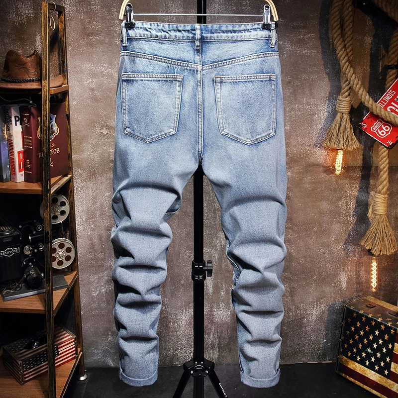 Для мужчин джинсовые брюки прямые мотоциклетные узкие для мальчиков