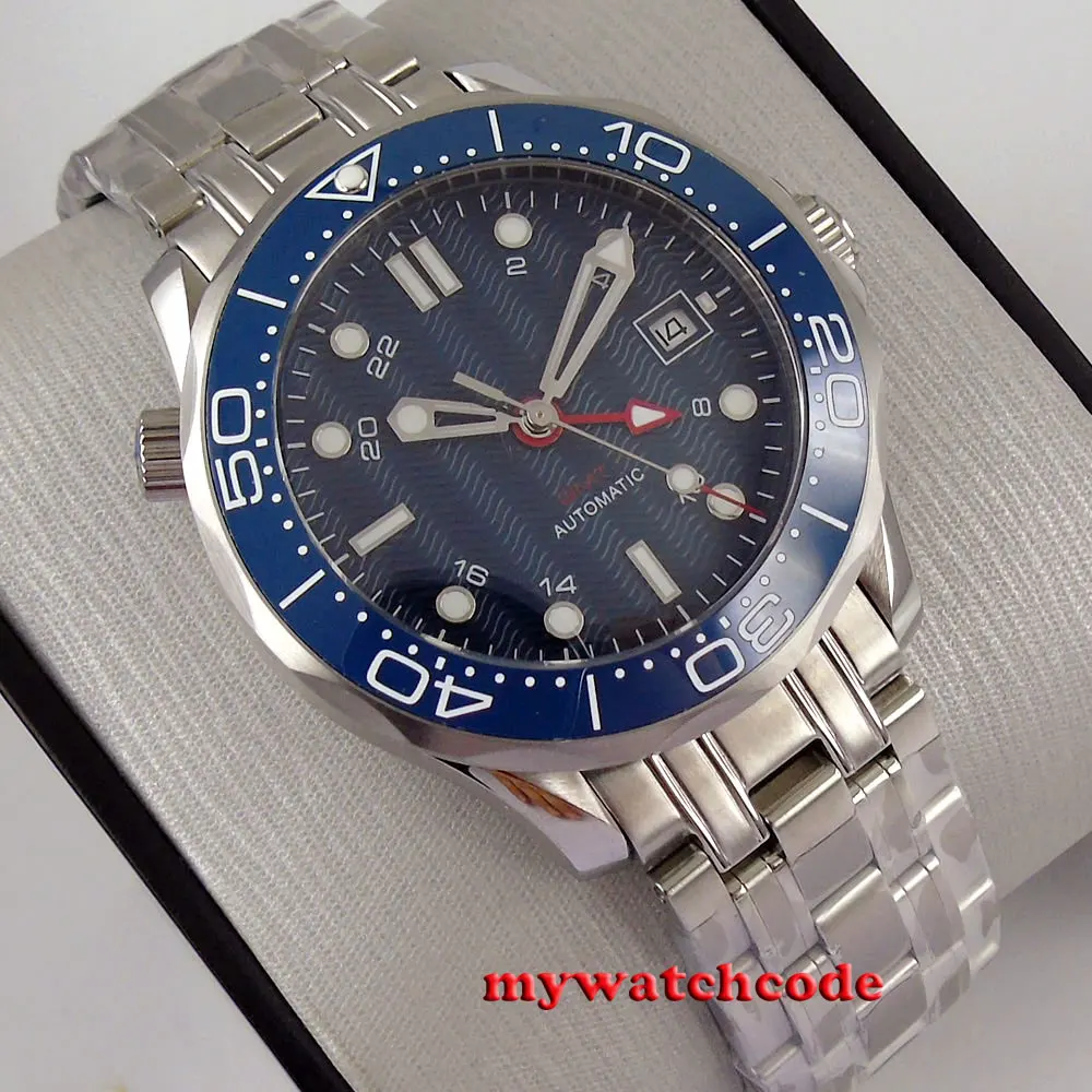 Циферблат BLIGER GMT 41 мм синий циферблат сапфировое стекло вращающаяся рамка окошко