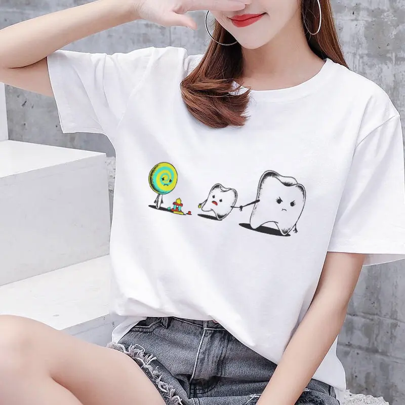 

Keep away from candy to protect teeth lovely cartoon print women's T-shirt dentist kawaii lovers loose casual short sleeves Tees