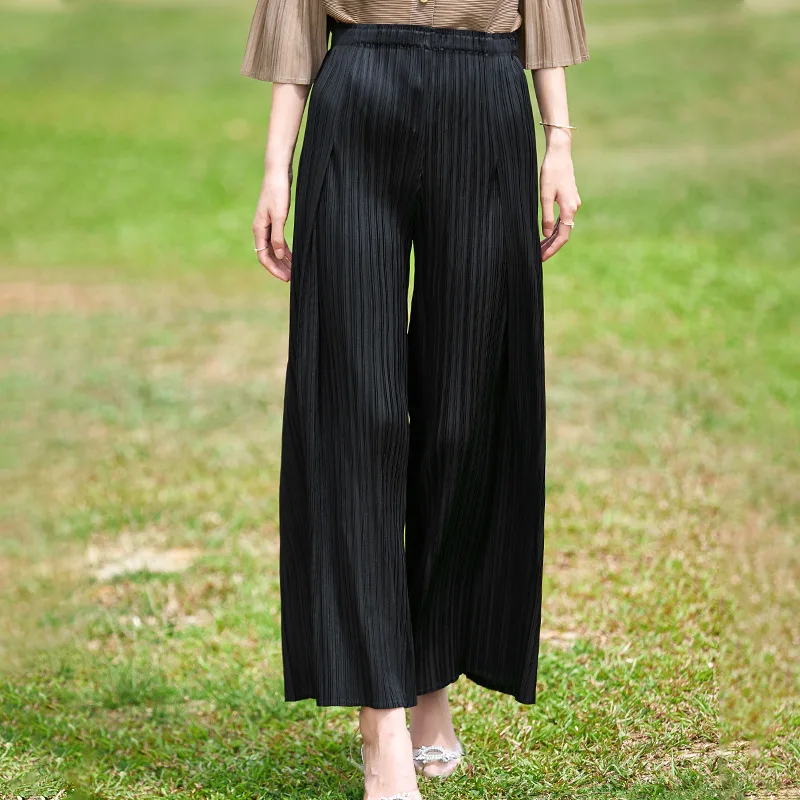 Pants Women Spring Autumn 2022 New Solid Color High Waist Stretch Miyake Pleated Wide Leg Trousers Full Length