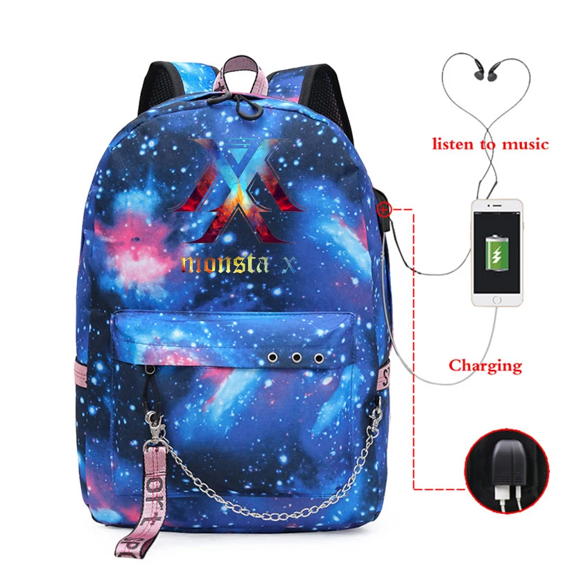 

MONSTA X Backpack Usb Charging School Bag Kpop Style Girls Children Students Vintage Designer Travel Bags for Laptop Bagpack