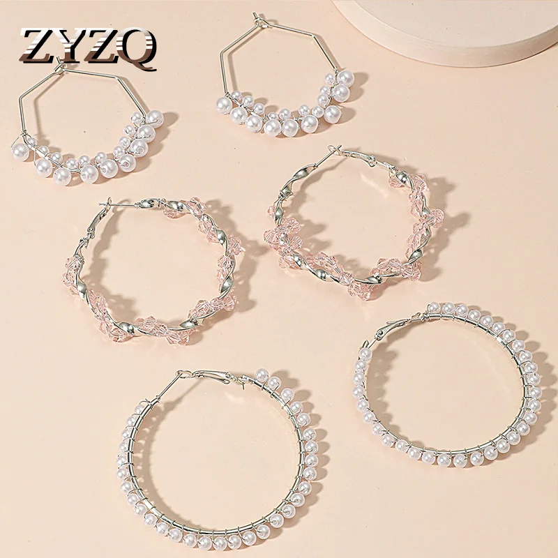 

ZYZQ Simple Luxury Geometric Imitation Pearl Ear Rings for Women Noble Temperament Pretty Hoop Earrings Fashion Party Jewelry