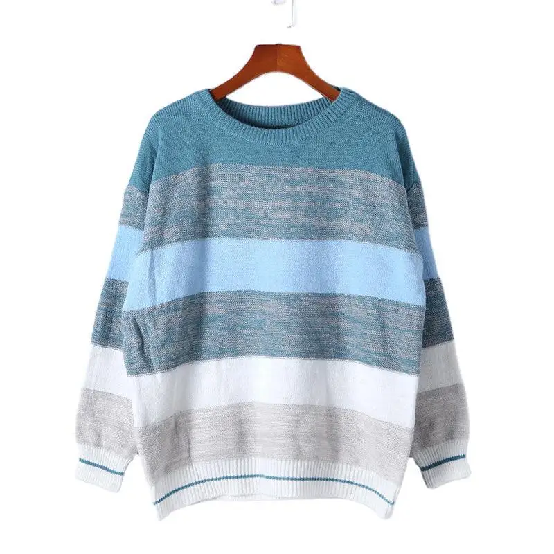 

Womens Striped Sweater 2021 Long Sleeve Loose Sweaters for Female Casual Spliced Knitted Top Multicolor Women's Jumper Autumn