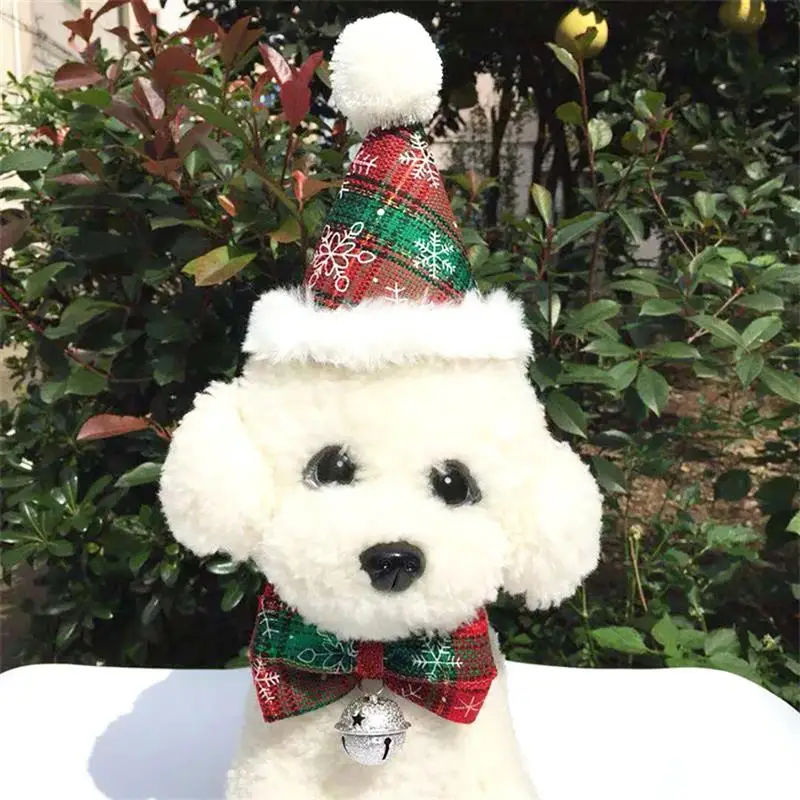 Christmas Pet Hat Pompom Decor Cat Dog Costume Party Cone With Bow Tie Collar For | Дом и сад