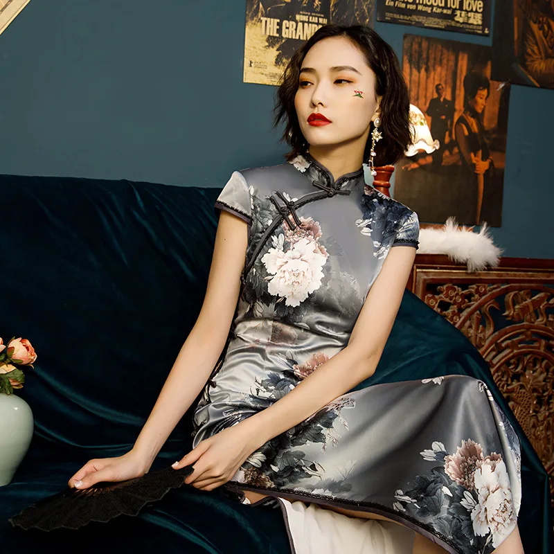 Модный цветочный принт винтажный китайский воротник Qipao Новинка тонкий короткий