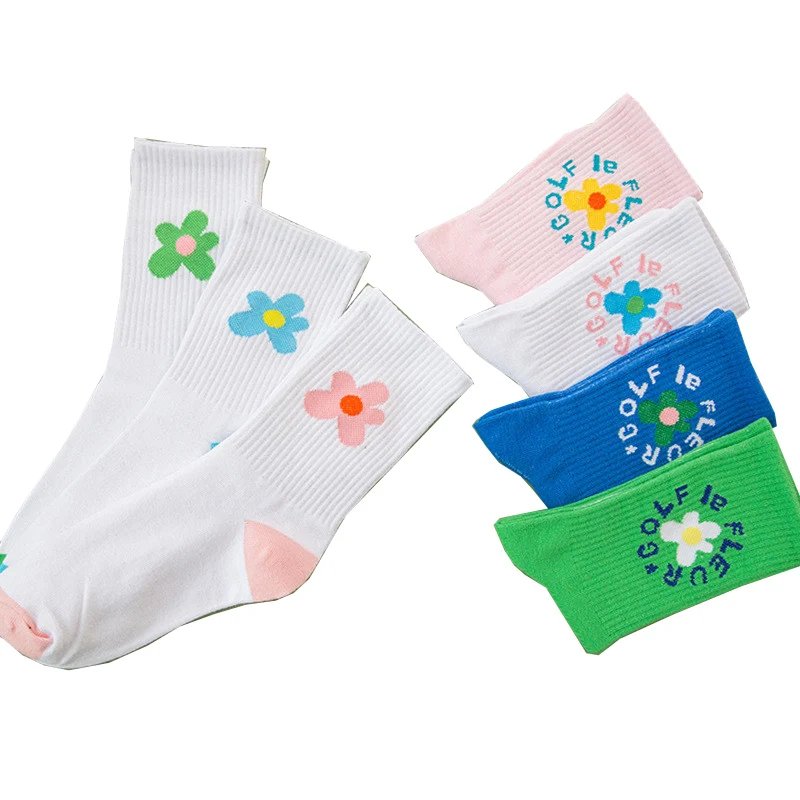 

Sports Socks Flowers Long Tube Stockings Women's Classics Mid Calf High Sock Classic three-color Pure Cotton Sports Socks