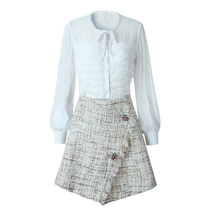 Модные женские весенние блузки топ твидовая мини-юбка комплект одежды из двух