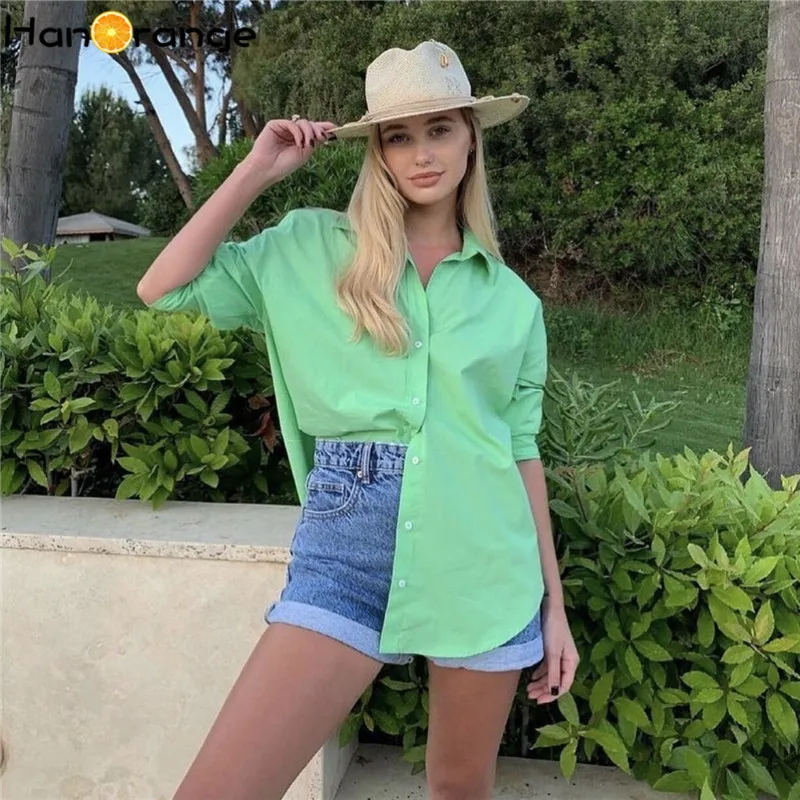

HanOrange, уличный блоггер, зеленая рубашка с отложным воротником, женская рубашка из чистого хлопка, свободный стиль, женские топы с длинными ру...