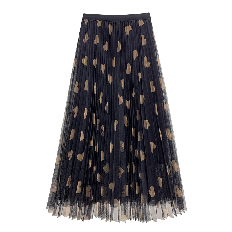 

High waist pleated skirt women autumn winter 2020 new Korean love mesh print skirt Vintage long pleated yarn woman skirts