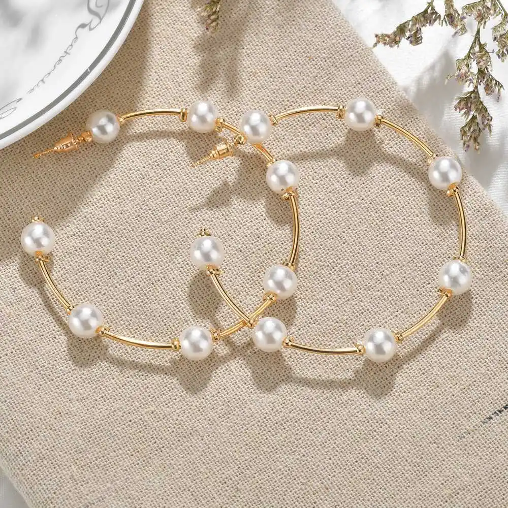 New Fashion Large Pearl Hoop Earrings for Women Female Exaggerated Big Circle Brincos Vintage Earrings Jewelry Party Gifts - Окраска металла: E219