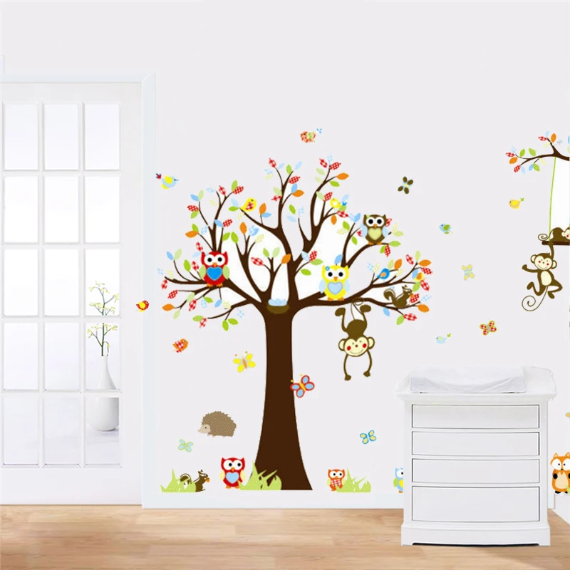 

cute owls birds butterfly monkeys on the tree wall stickers for kids rooms home decor cartoon animals wall decals diy mural art