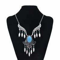 bohemian blue gems tassel pendant necklace earrings for women party fashion alloy necklace accent earrings set gypsy jewelry