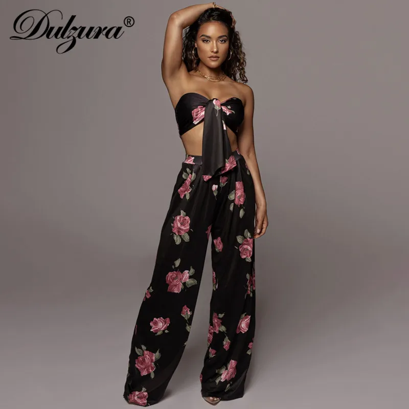 

Dulzura Floral Print Two Pieces Lace Up Crop Top Wide Leg Pants Set Elegant Party Streetwear 2021 Summer Outfit