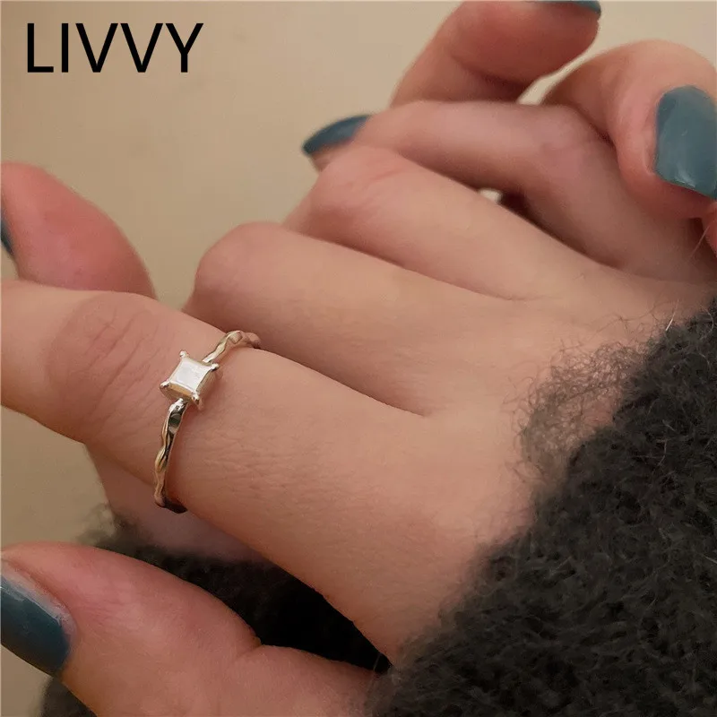 

LIVVY Personality Silver Color Irregular Narrow Rings For Women Square Adjustable Size Fashion Vintage Party Jewelry Gifts