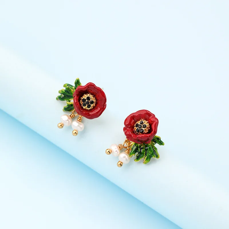 

European and American New Fashion Trend 925 Silver Needle Personality Fresh Mori Enamel Glaze Flower Pearl Small Jewelry Earring