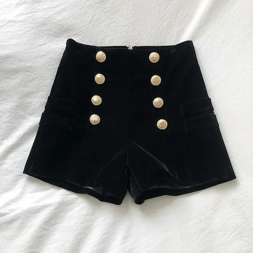 

Double-Breasted Black Velour Shorts Women High Waist Wide-Leg Slim Fit Casual All-Match Zipper Behind Short Trousers