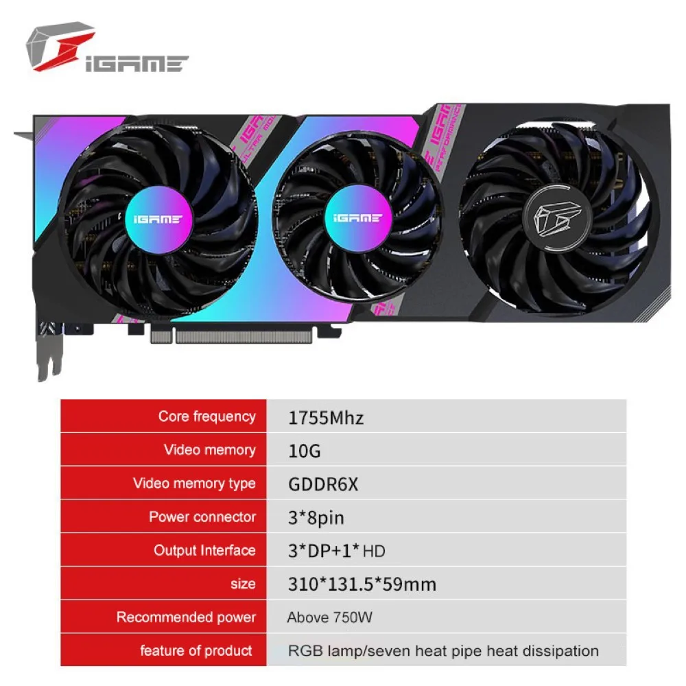 

Full New Colorful RTX 3080 Graphics Card GPU iGame GeForce RTX 3080 Ultra OC 10G 1710-1755MHz GDDR6X 320Bit Gaming Graphics Card
