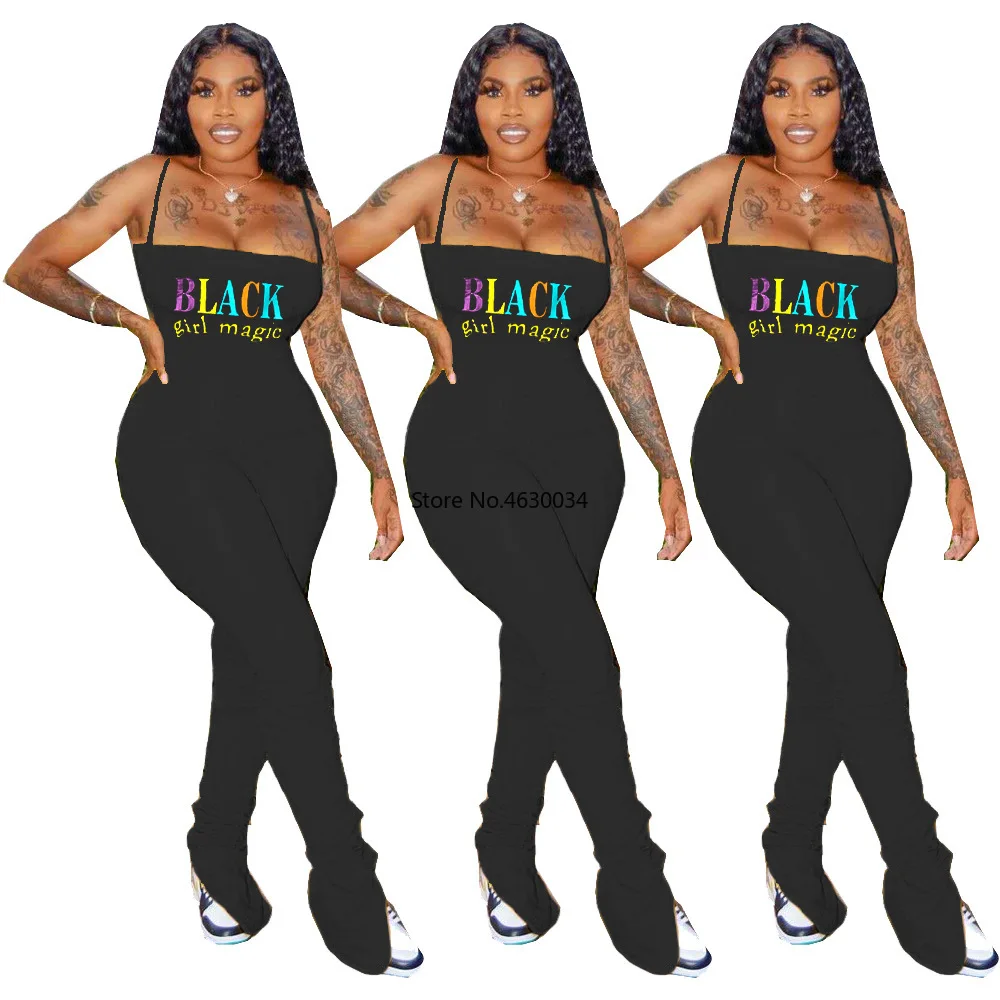 Летний женский черный комбинезон с надписью magic на тонких бретелях сексуальный