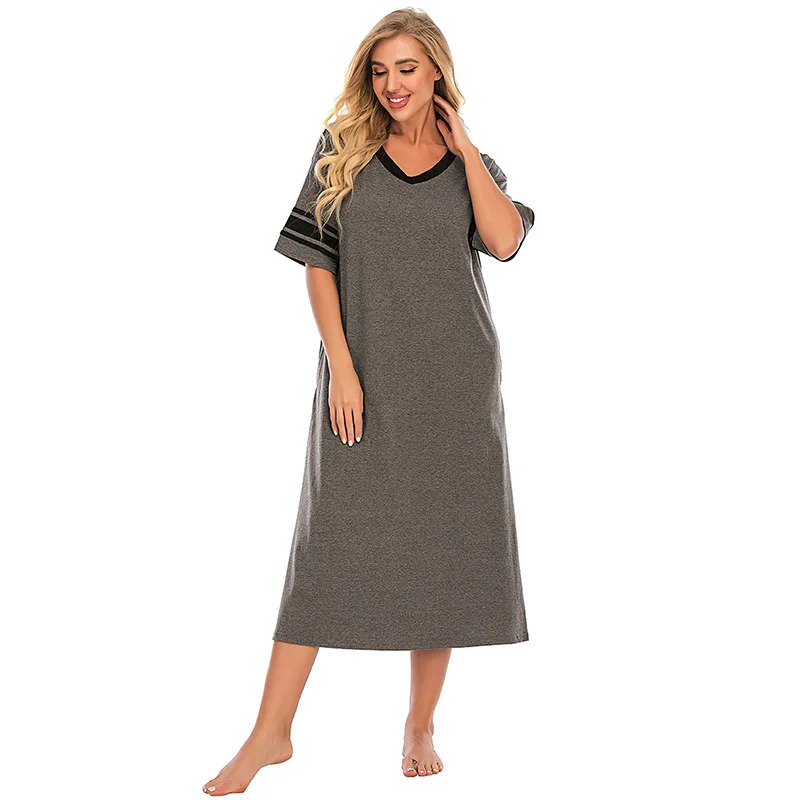 2021 European and American Women's Loose and Comfortable New Solid Color Short Sleeve Long Nightdress Home Wear Sexy Nightwear