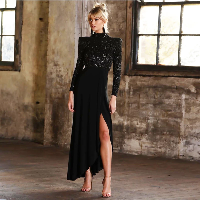 Лоскутное Черное вечернее платье с блестками и лямкой на шее длинные платья