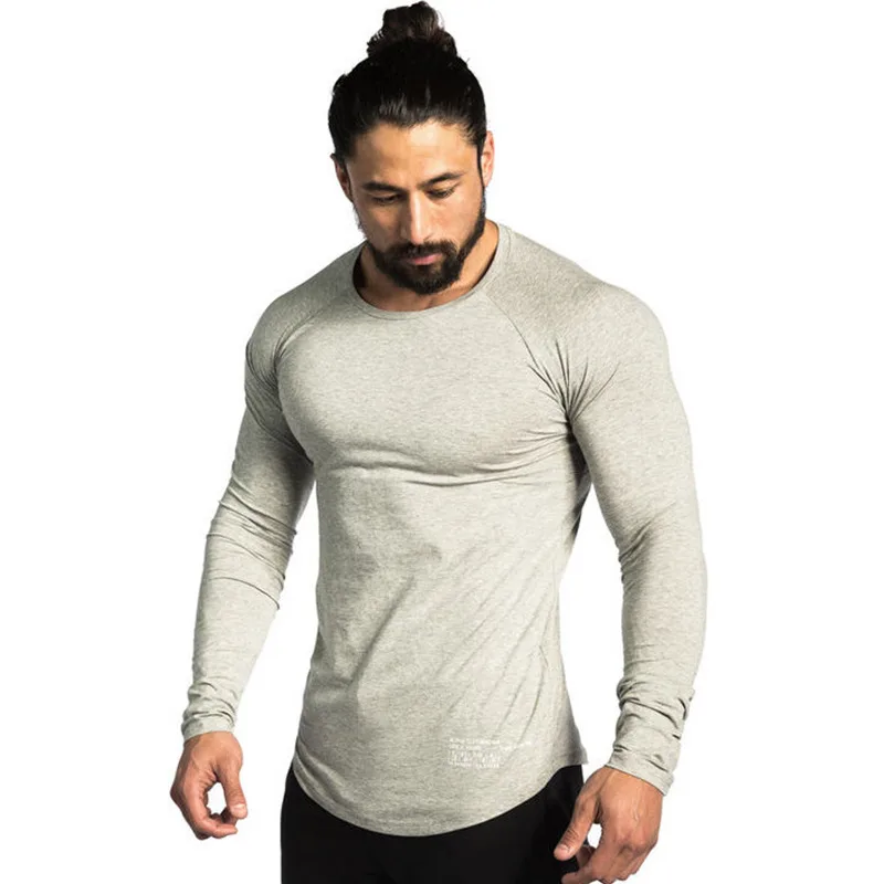 

Cotton Long Sleeve Shirt Men Casual Skinny T-shirt Gym Fitness Bodybuilding Workout Tee Tops Male Crossfit Run Training Clothing