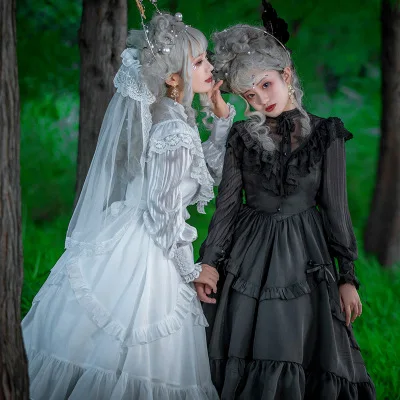 

Gothic Lolita Maid Court Dress Bubble Skirt Lace Spring Autumn Hollow Chiffon Vintage Elegant Lolita Wedding Dress Veil Cos