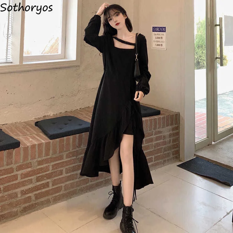 

Women Long Sleeve Dress Irregular Harajuku Black High Waist Square Collar Sexy Ruffles Spring Cool Girls Mid-calf French Retro