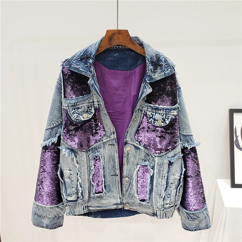 

Purple Sequins Spliced Jean Jacket Women Fashion Streetwear Style Hole Cool Denim Jacket Casual Harajuku Loose Basic Coat Female