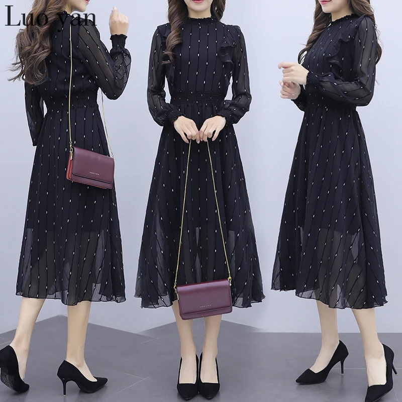 Весна 2020 женская одежда модное элегантное шифоновое платье с длинным рукавом и