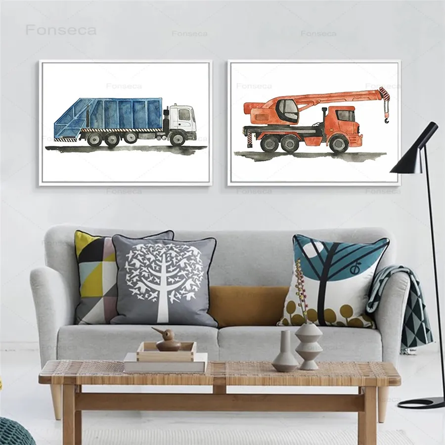 

Cartoon Tool Car Yellow Excavator Canvas Poster and Prints for Kid Bedroom Modern Wall Painting Art Watercolour Style Wall Decor