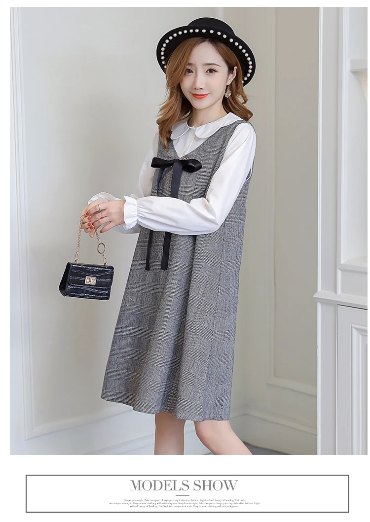 6596# 2PCS/Set Autumn Korean Fashion Maternity Dress Sweet Lovely Straight Loose Clothes for Pregnant Women Fall Pregnancy