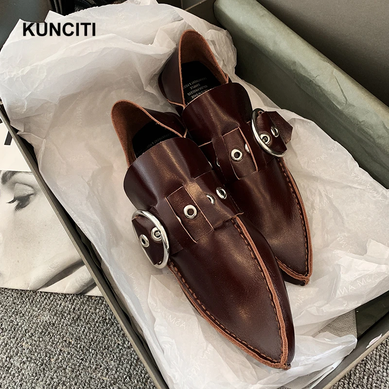 Г., дышащая обувь KUNCITI женская обувь из мягкой натуральной кожи на плоской подошве с пряжкой женские лоферы с шипами в европейском стиле высокого качества, F035