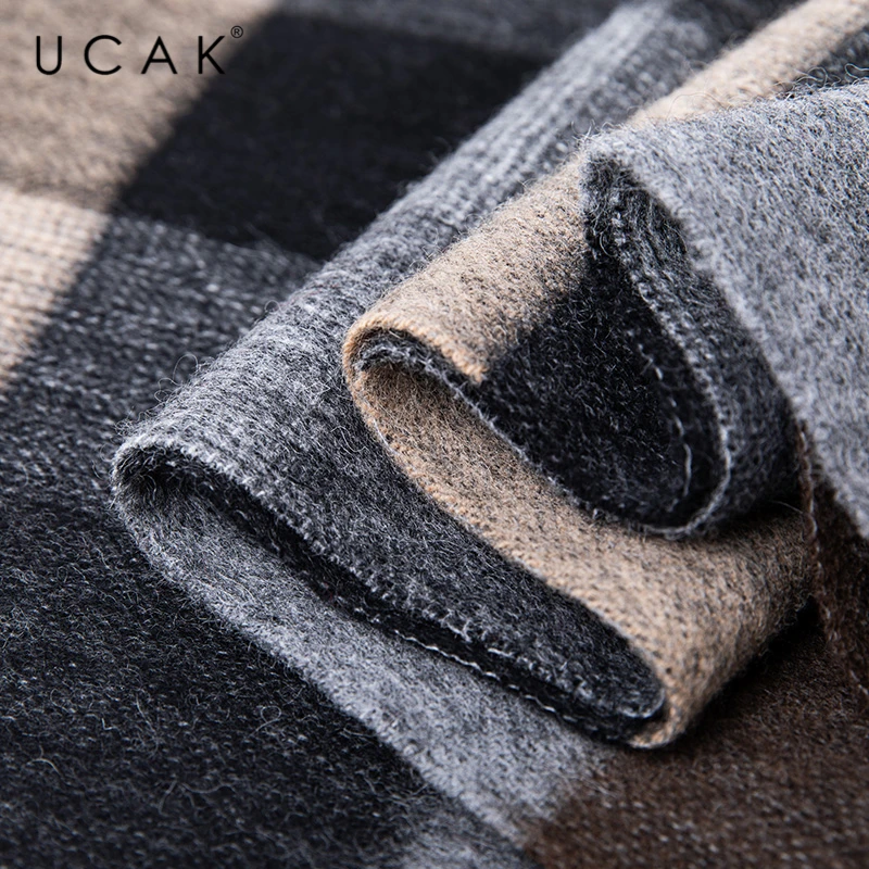 UCAK Brand Autumn Winter Warm Scarfs Soft Men Women Casual Plaid Pure Wool Scarf Shawl Wrap Knit Long Striped With Tassel A16