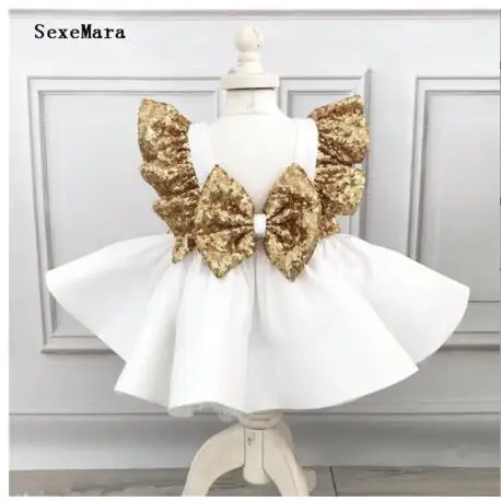 Новое Белое Атласное платье для маленьких девочек с золотистыми блестками и