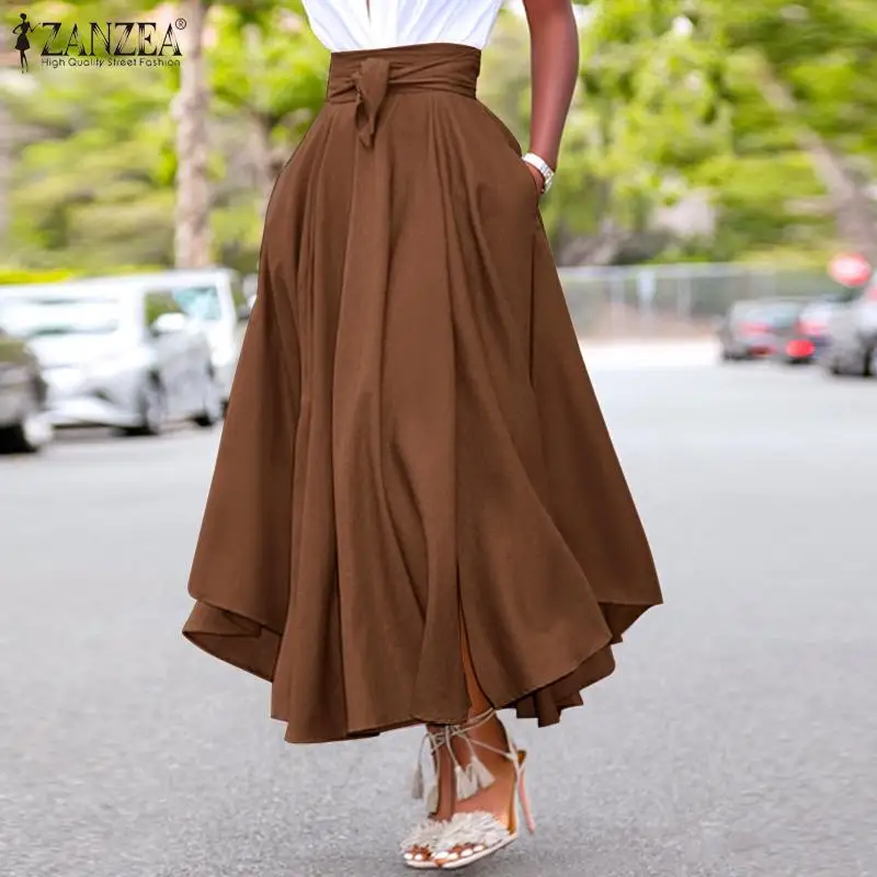 Irregular Beach Skirt ZANZEA Women Skirts Summer Vintage Zipper Long Maxi Skirts High Waist A-line Skirt Solid Faldas Saia S-