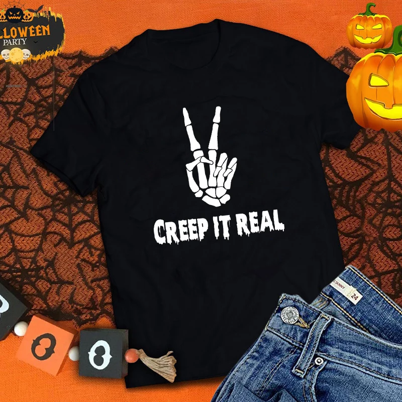 

Creep It Real Halloween T-shirt Creepy Skeleton Hand Graphic Tee Shirt Top Funny Women Short Sleeve Halloween Holiday Tshirt