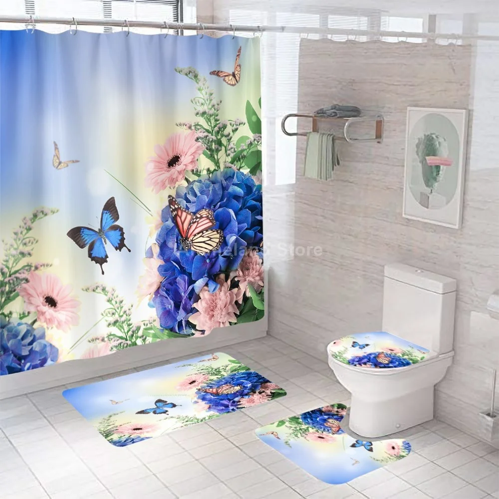 

Butterfly Shower Curtain Blue Fashion With Non Slip Rug Mat Bathroom Curtains Waterproof Polyester Bathroom Curtain with Hooks