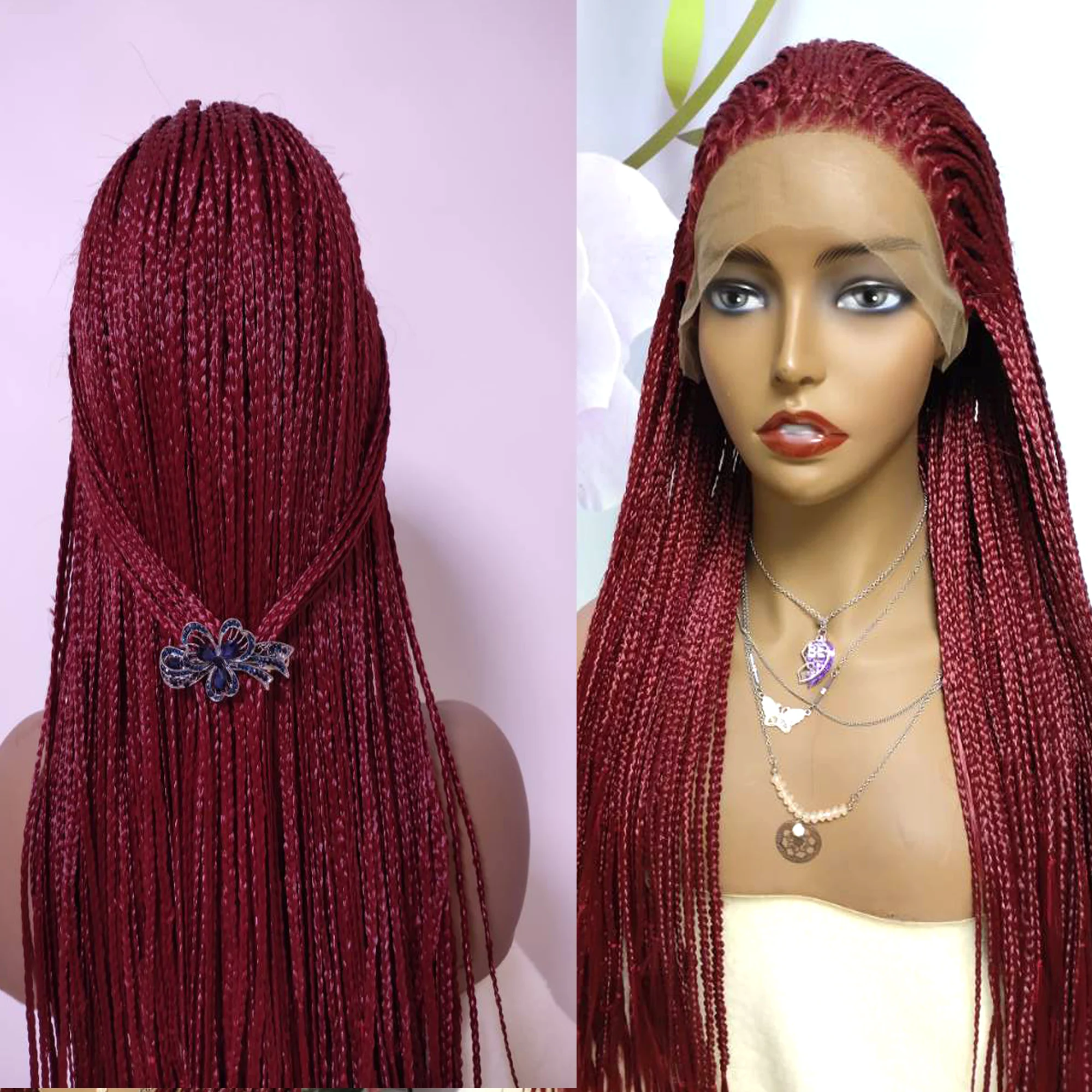 

99J Red Color Lace Frontal Cornrow Braids Wig Micro Box Braids Wig Africa American Women Style Synthetic Braids Wig Lace Front