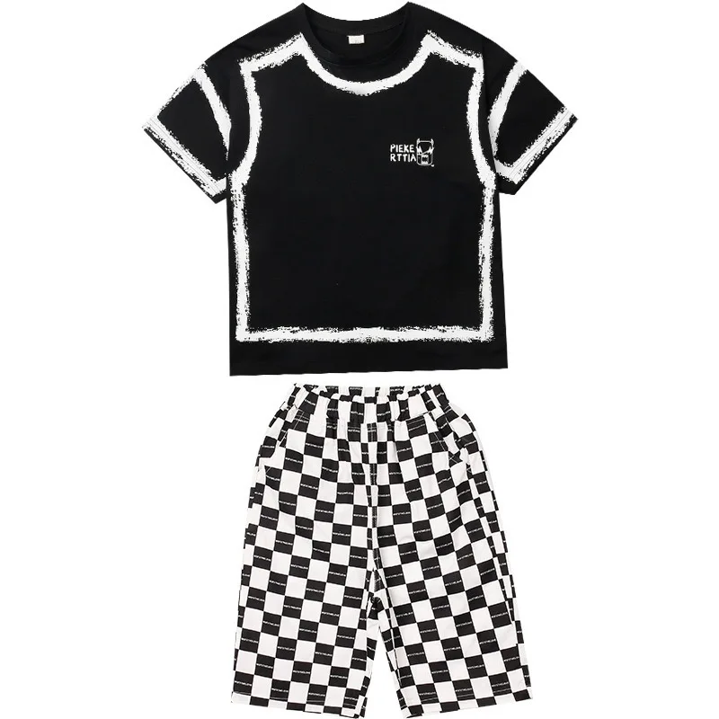 

2021 Children's Summer New Boy Western Style Casual Cartoon Cute Print Short-sleeved T-shirt Plaid Pants Kids 2-piece Suit BT155