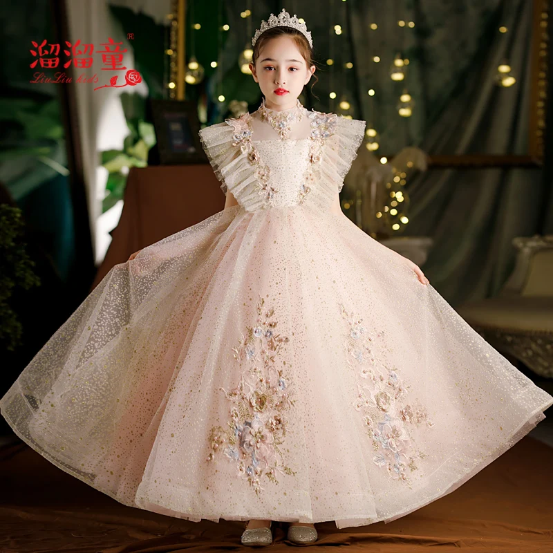 

Children Girls Elegant Customized Noble Birthday Wedding Party Princess fluffy Dress Model Show Catwalk Teens Piano Host Dress