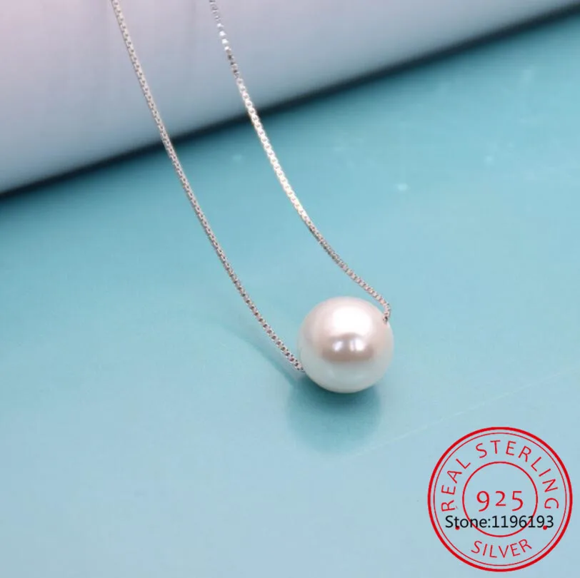 

925 Sterling Silver Fine Jewelry Simple Hot Fashion 10mm Real Pearl Box Chain Necklace kolye collares bijoux femme S-N55
